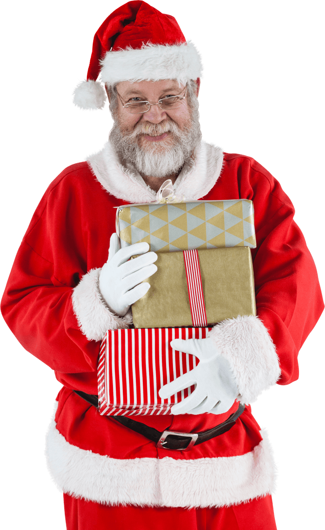 Transparent Background Santa Claus Holding Christmas Gifts