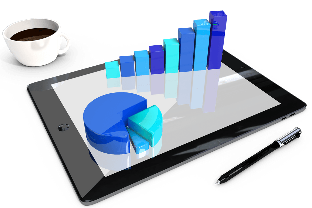 Tablet With Blue Charts and Coffee Transparent Background Vector