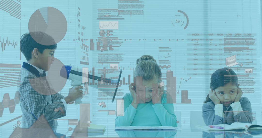 Schoolboy Using Megaphone with Classmates Covering Ears, Technology Overlay