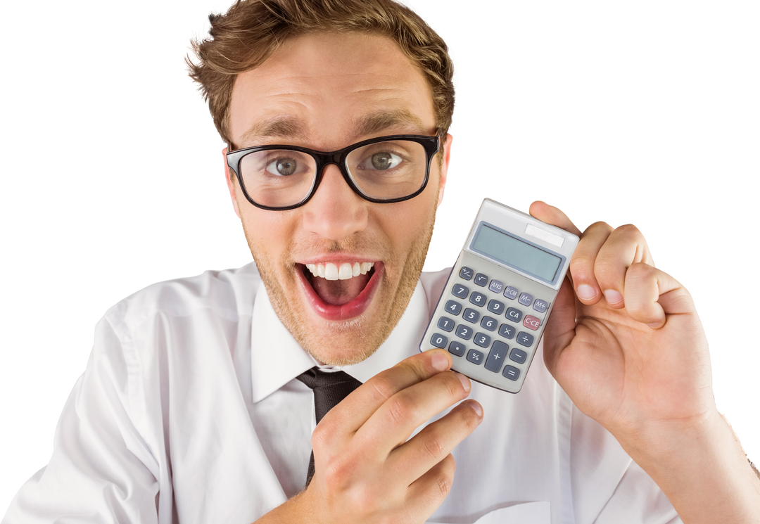 Geeky Man Excitedly Displaying Calculator on Transparent Background - Download Free Stock Images Pikwizard.com