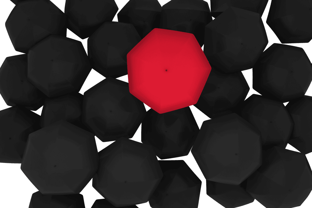 Red Umbrella Standing Out Among Black Transparent Umbrellas