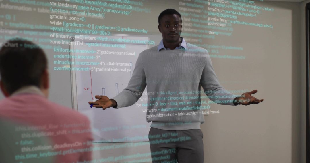 Presenter Gesturing at Projected Code in Meeting Room