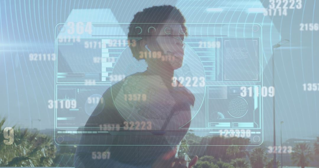 Digital Data Overlay on Athletic Biracial Runner in Motion