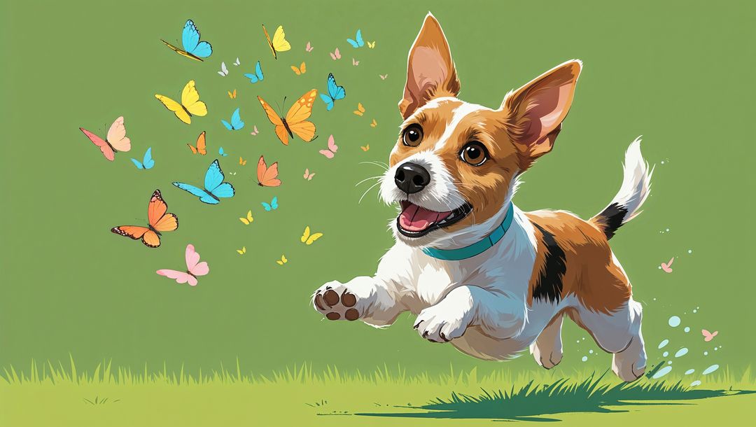 Playful Dog Leaping Through Field with Butterflies in Vibrant Scene