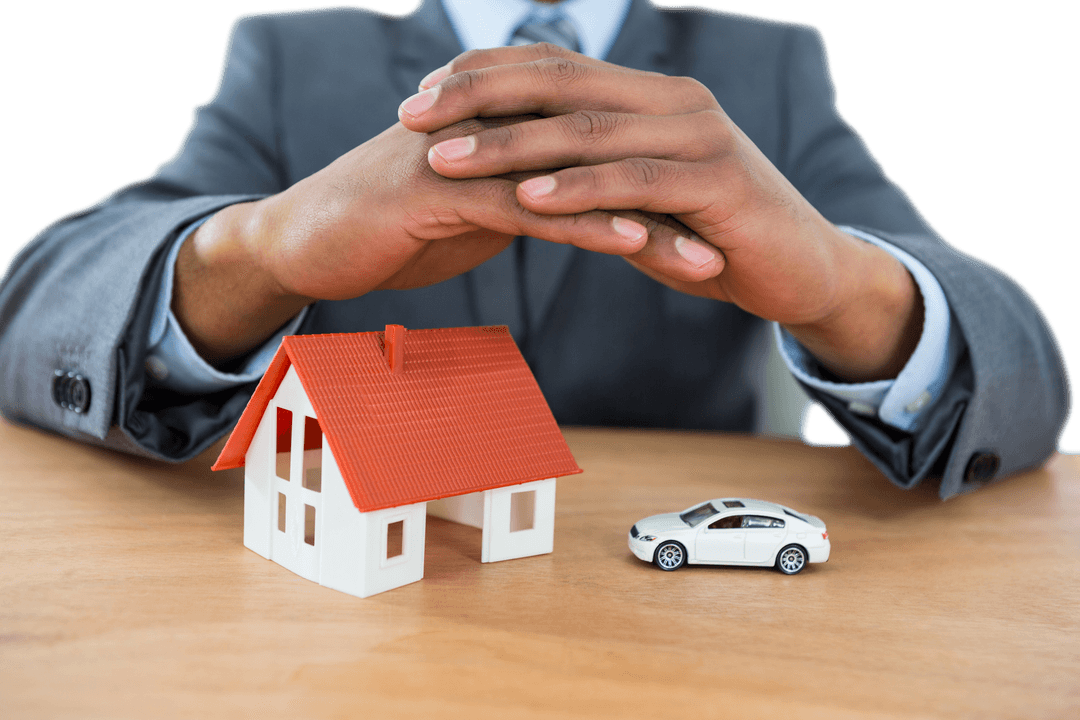 Transparent Businessman Hands Protecting House Model and Car