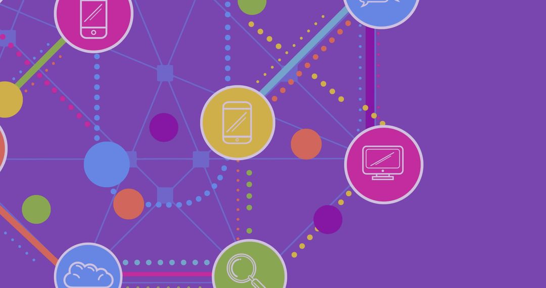 Colorful Network Connections with Device Icons on Vibrant Purple Background
