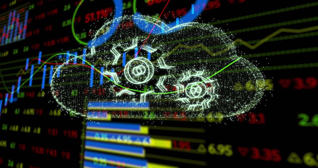 Holographic Cloud Gears Floating Over Real-Time Trading Dashboard Showing Analytics