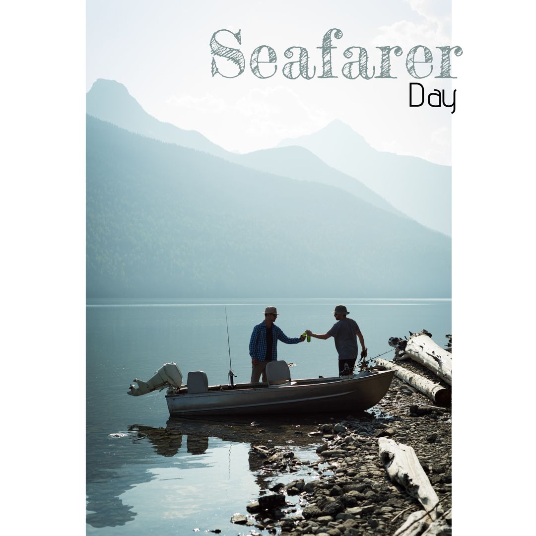 Two Men on Boat Celebrating Seafarer Day by Misty Lake