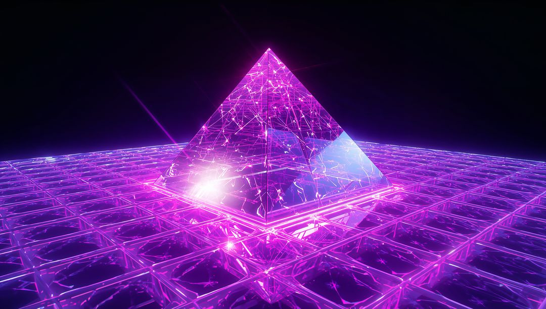 Holographic Neon Pyramid Emitting Electric Arcs on Glowing Magenta Grid for Futuristic Tech