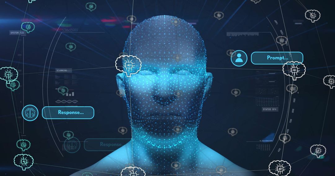 Digital Human with AI Icons and Data Visualization