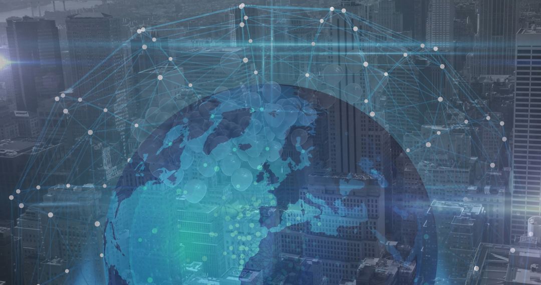 Digital Globe Over Metropolis Signifying Global Connectivity and Innovation