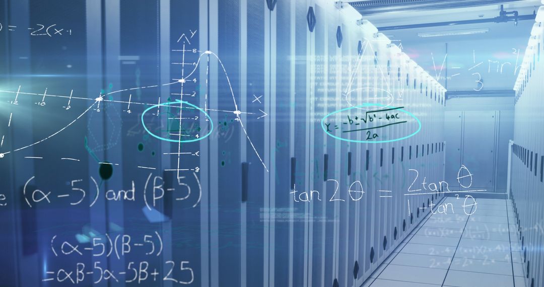 Mathematical Equations Overlaying Data Center Network Servers