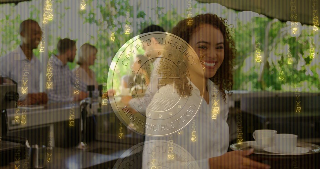 NFT Coin Overlaid on Café Background with Global Currency Symbols