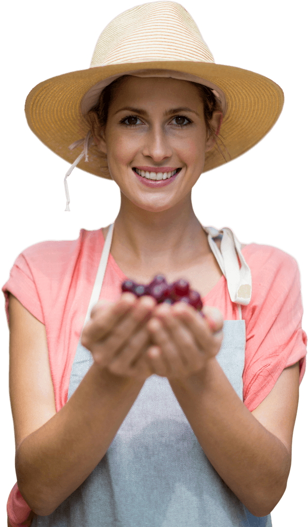Transparent Smiling Woman Holding Bunch of Red Grapes with Straw Hat