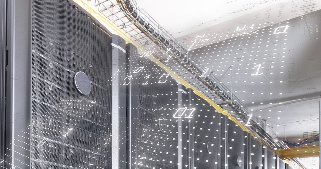 Futuristic Server Room with Digital Data Overlay Concept