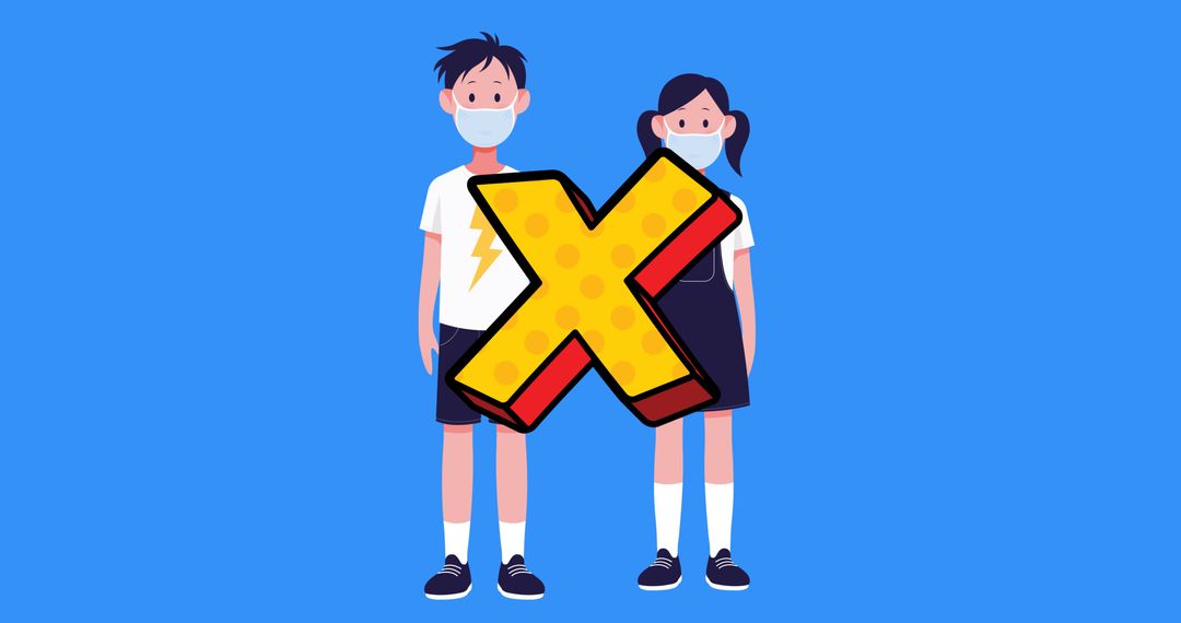 Cartoon Characters with Social Distancing Symbols on Blue Background