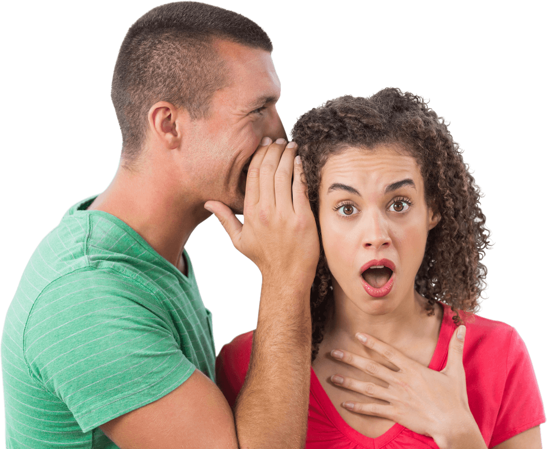 Man Whispering Secret to Surprised Woman Transparent Background