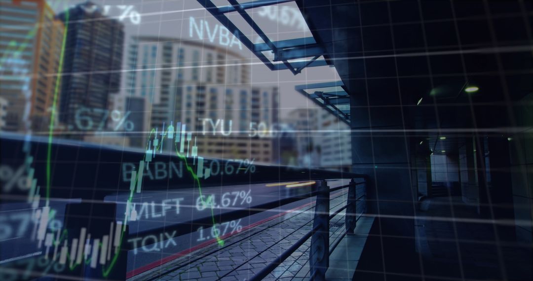 Financial Data Overlaying Modern Cityscape and Traffic