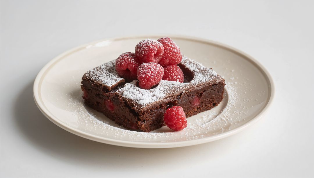 Fudgy Chocolate Brownie with Raspberry Hollow and Powdered Sugar on Cream Plate