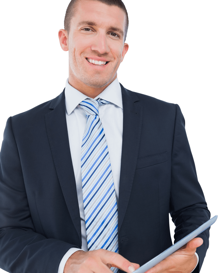 Confident Businessman in Suit Glancing While Using Tablet Ensuring Professional Solutions