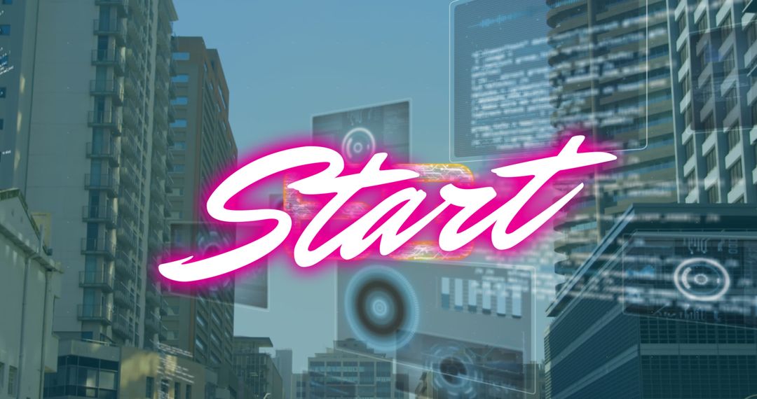 Futuristic Data Interface Overlay on Urban Cityscape Background