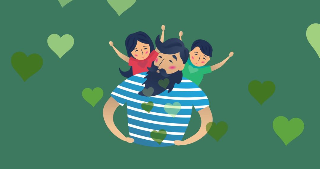 Father Playing with Children on Green Background with Hearts