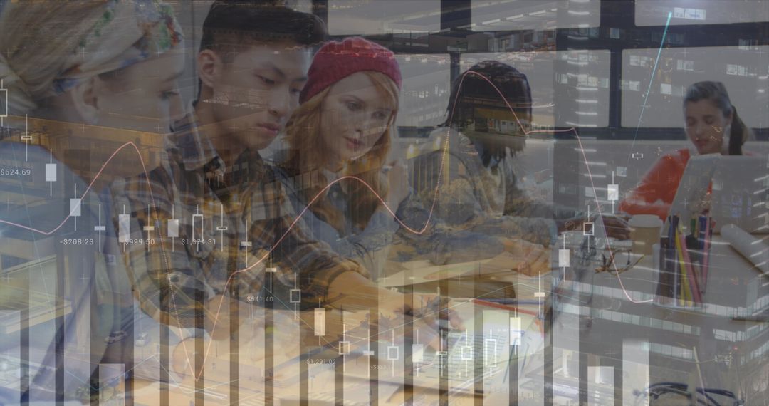 Financial Data Overlaid on Diverse Corporate Team Collaborating