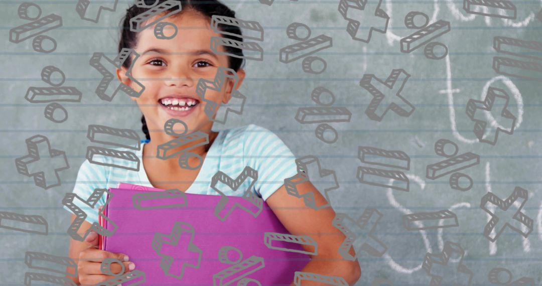 Joyful Student Holding Binder Surrounded by Mathematical Symbols