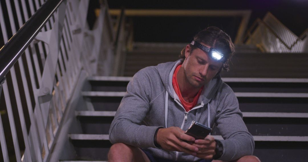 Man Sitting on Stairs at Night Wearing Headlamp and Using Smartphone - Free Images, Stock Photos and Pictures on Pikwizard.com