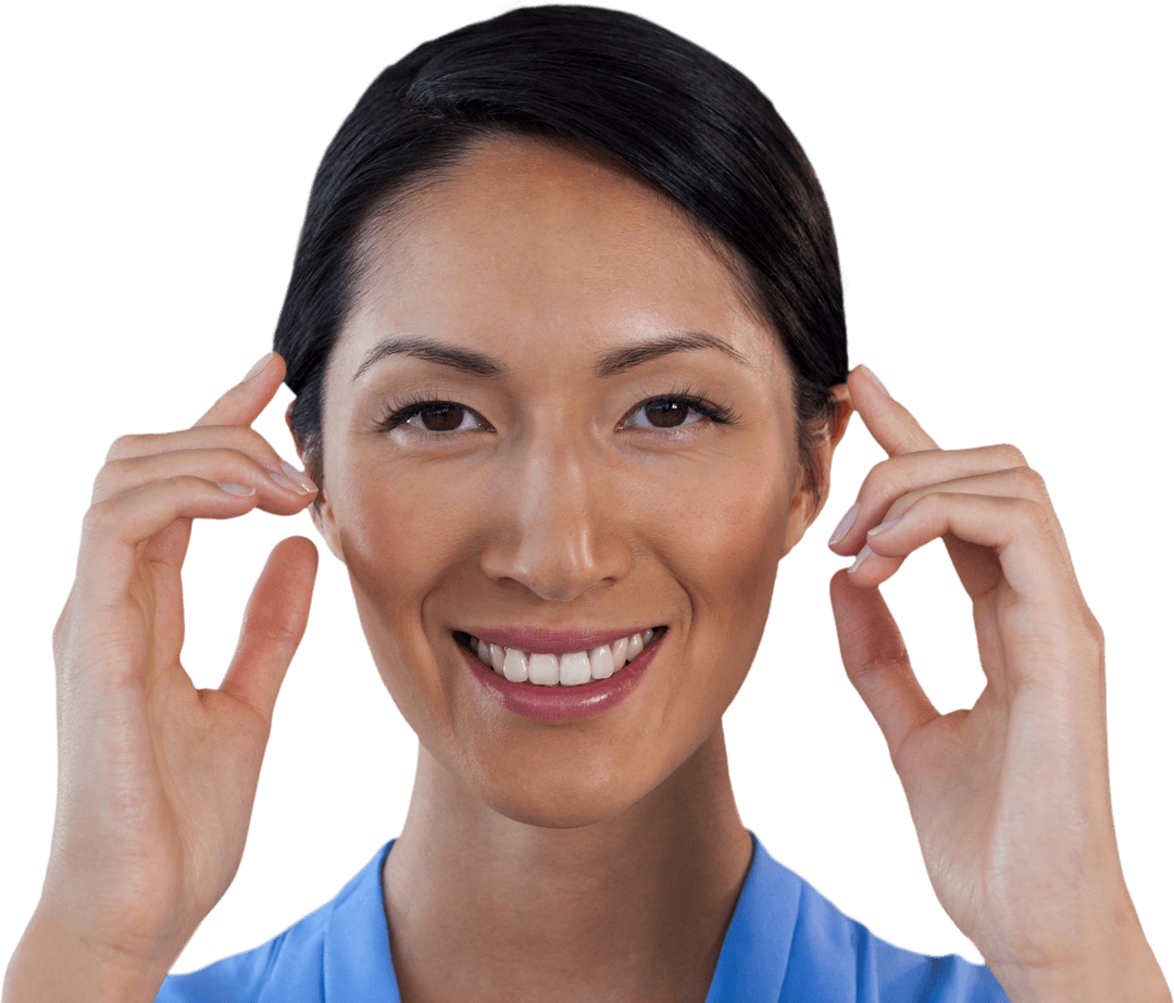 Businesswoman Smiling While Adjusting Transparent Eyeglass Frames