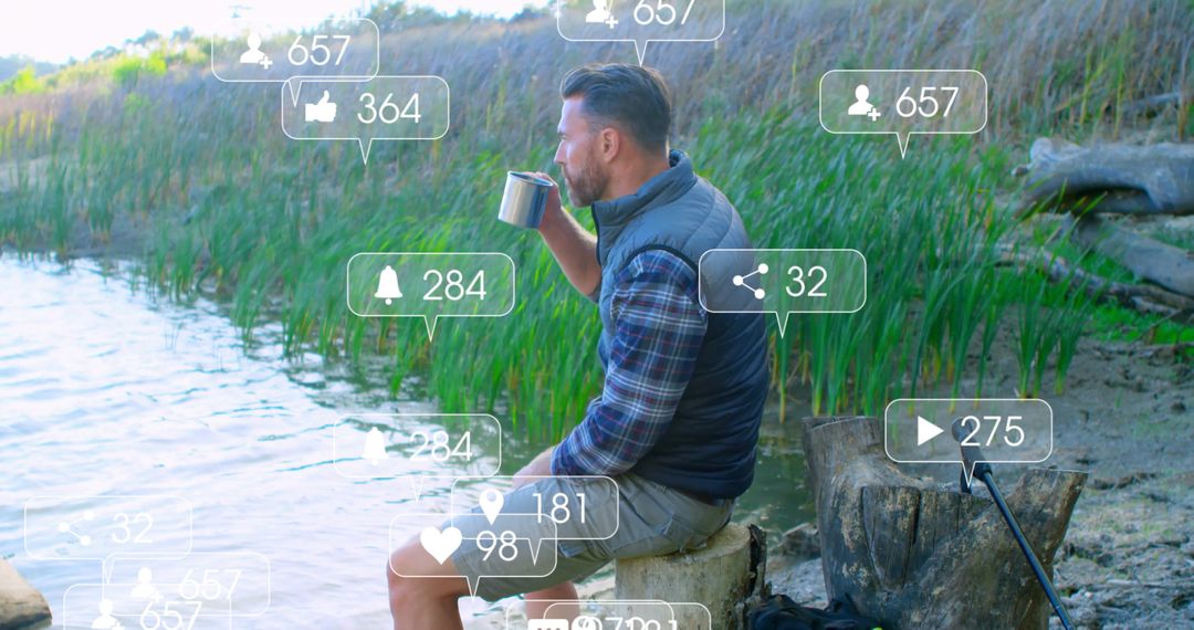 Angler Relaxing by Lake with Social Media Notifications Overlay