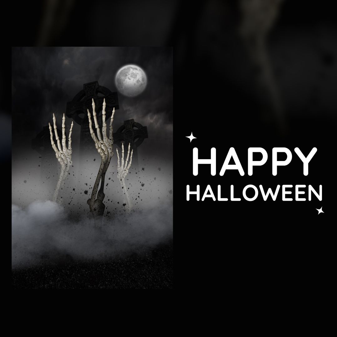Spooky Halloween Scene with Skeleton Hands and Full Moon
