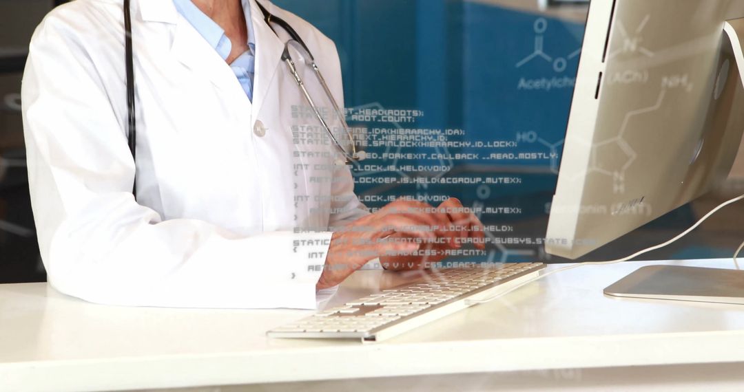 Female Doctor Analyzing Medical Data on Computer with Digital Overlay