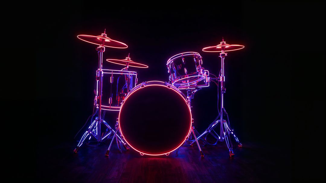 Neon Illuminated Drum Kit Glowing in Dark Music Studio