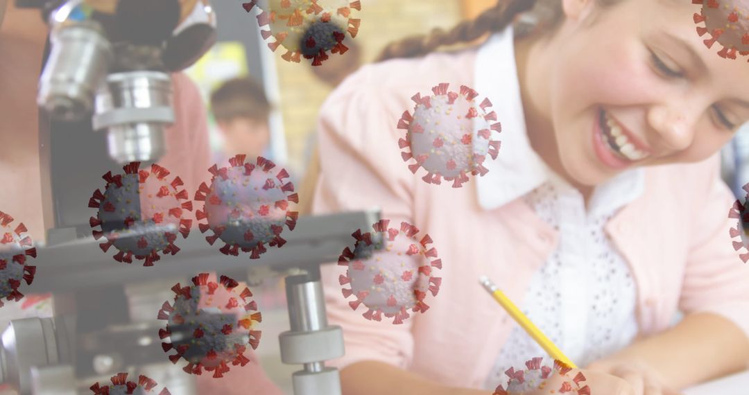 Female Student Using Lab Microscope with COVID-19 Cells Overlay