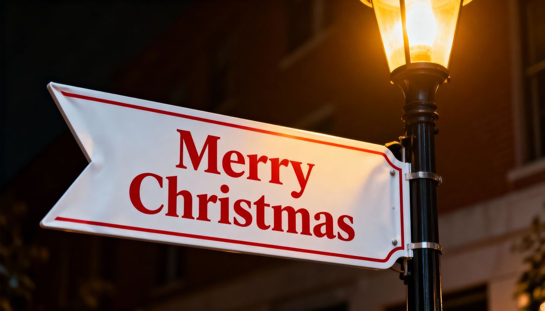 Lamp post illuminating Merry Christmas arrow sign at night