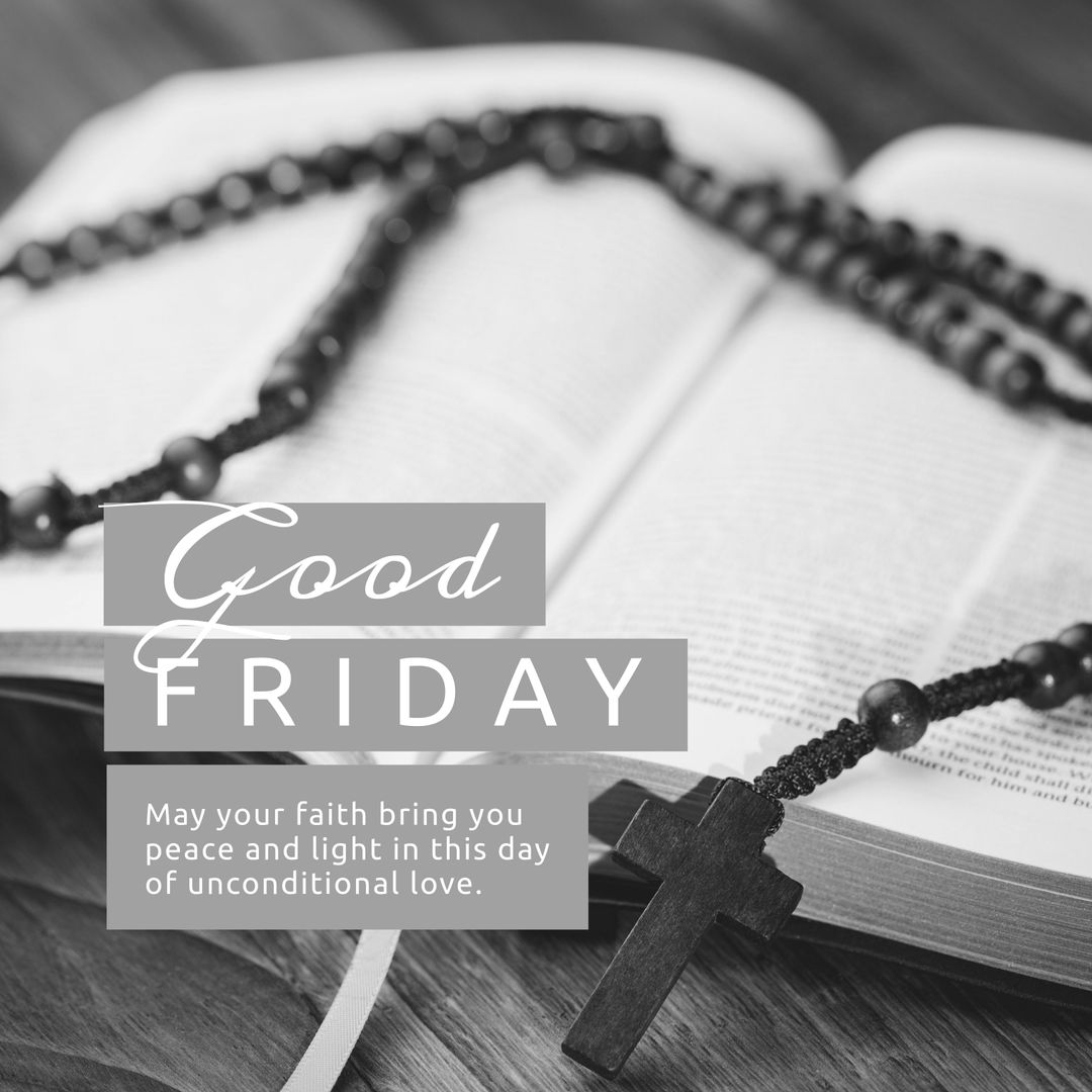 Good Friday Concept with Rosary on Bible and Text Overlay