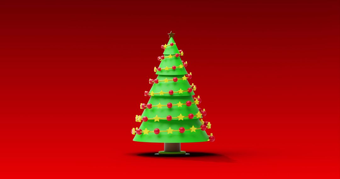 Retro Digital Style Christmas Tree Rotation on Red Background