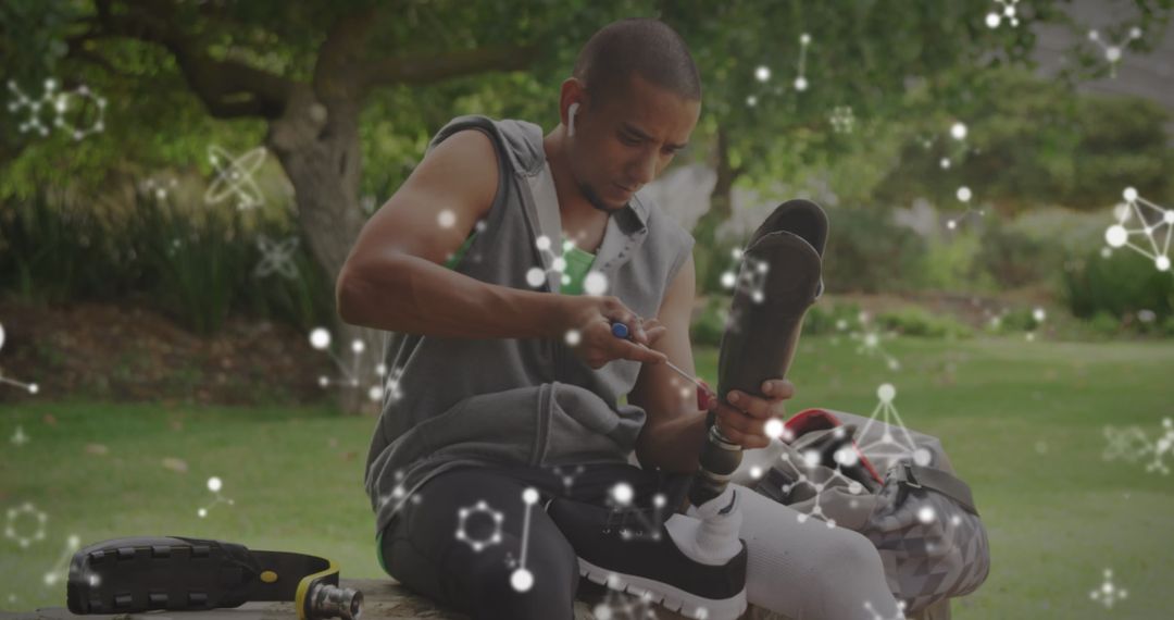 Athlete Adjusting Prosthetic with Digital Networks Background