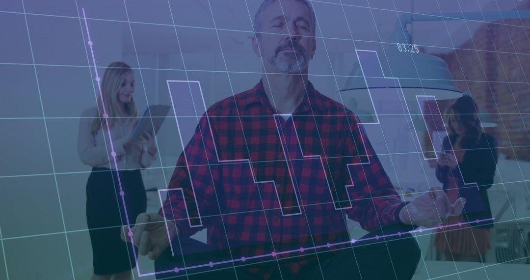 Mature Man Meditating in Office with Graph Overlay