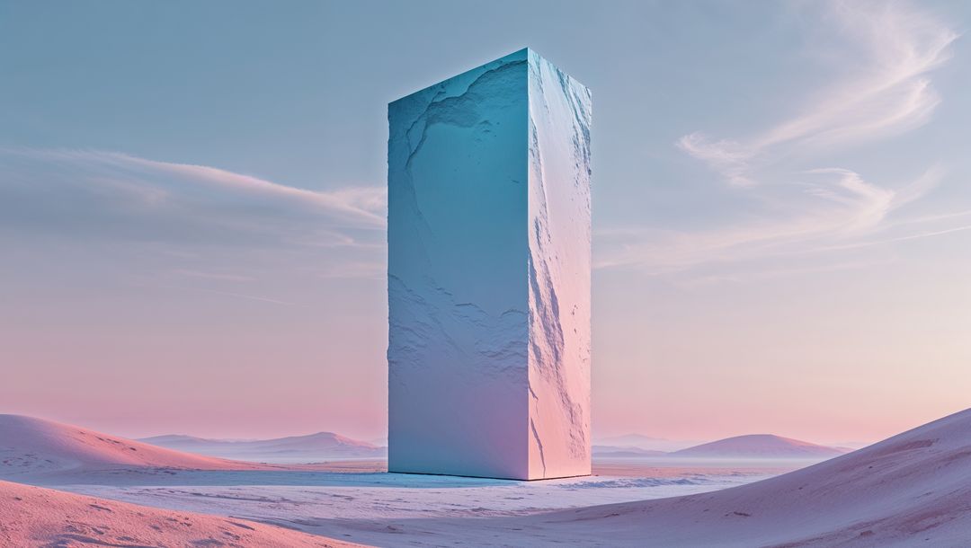 Surreal Monolithic Structure in Tranquil Desert Landscape