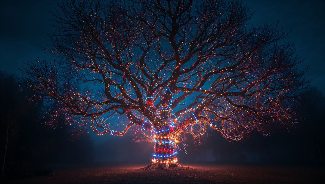 Illuminated Tree with Multicolored LED Lights in Night Scenery