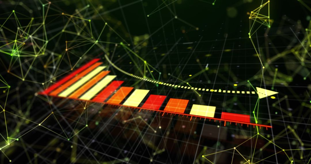 Futuristic 3D Bar Chart with Curved Arrow in Data Network
