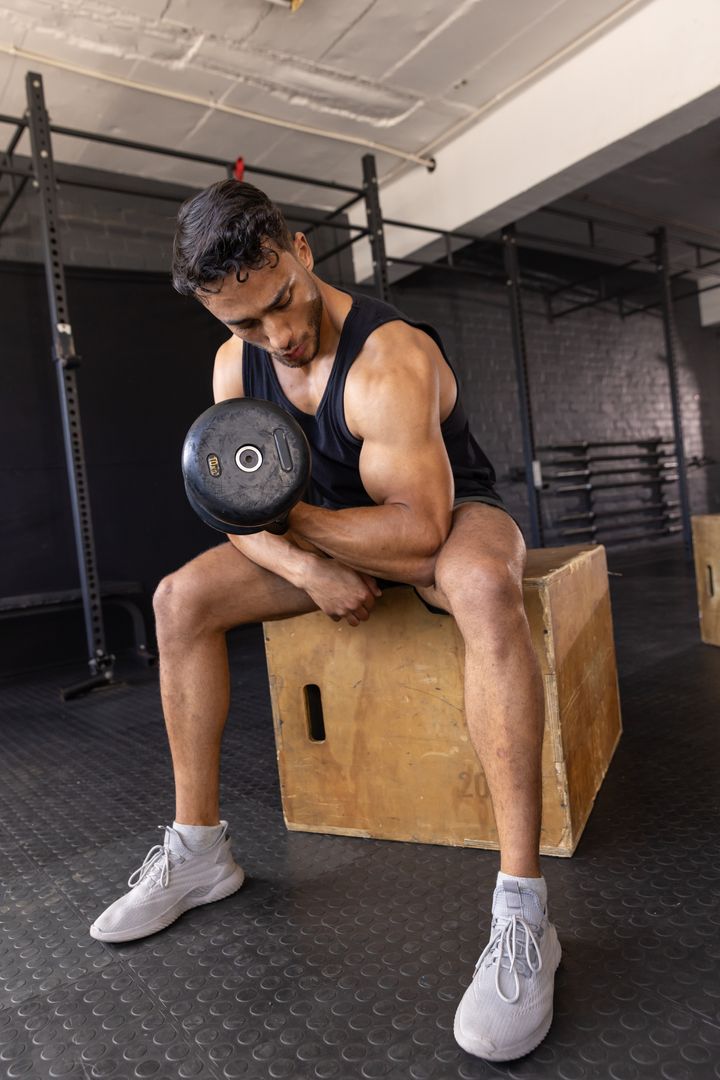 Man Exercising with Dumbbell on Wooden Box in Gym