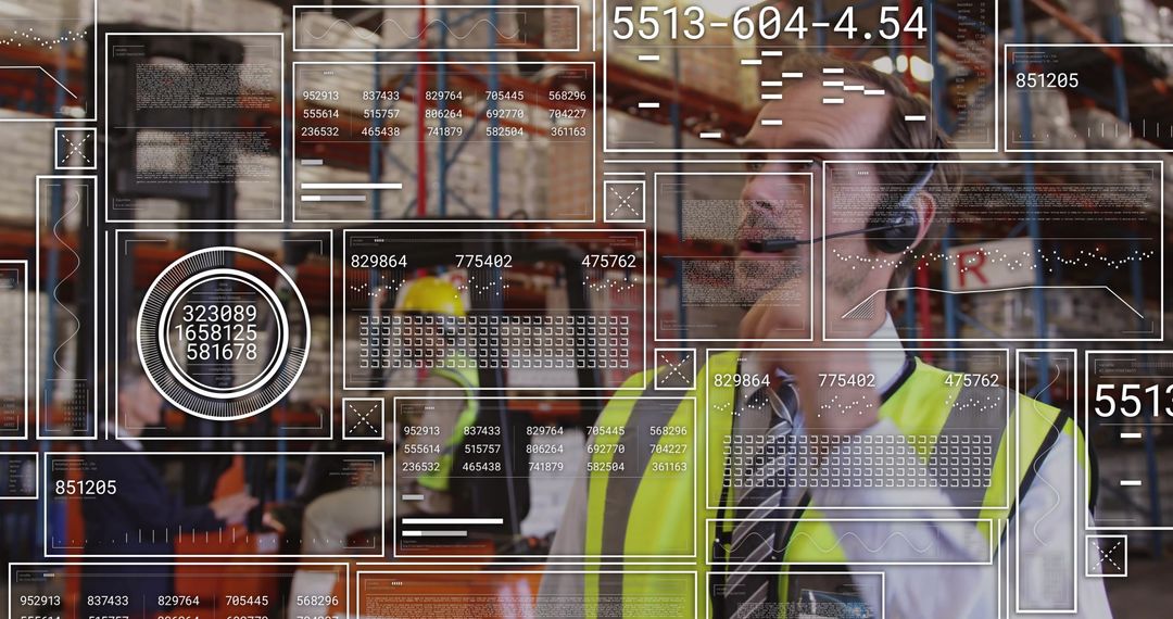 Warehouse Worker Using Digital Headset with Data Interface Overlay