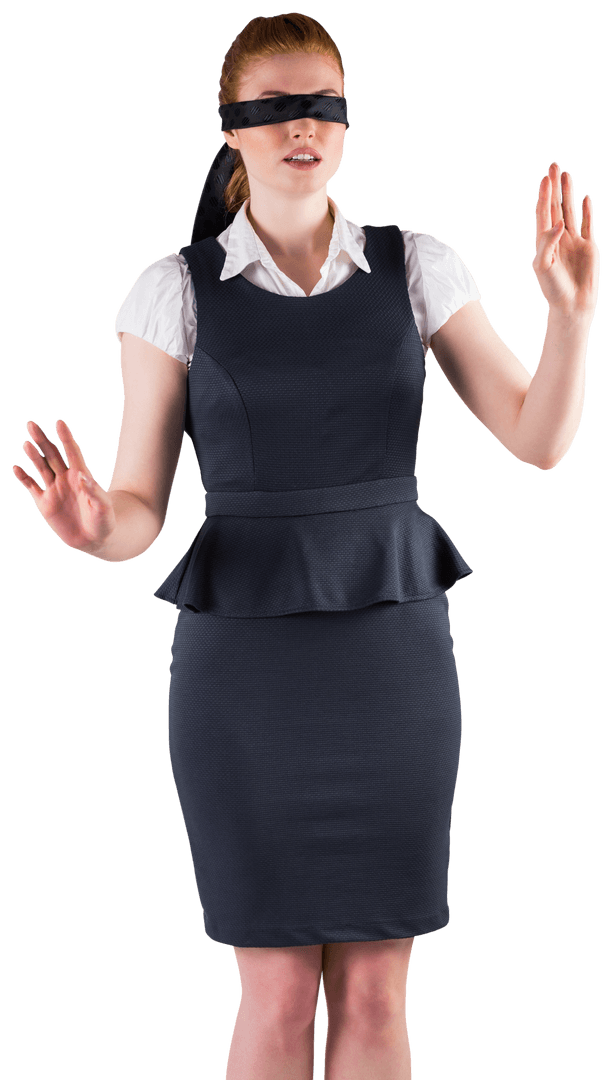 Transparent Redhead Businesswoman Wearing Blindfold in Confusion