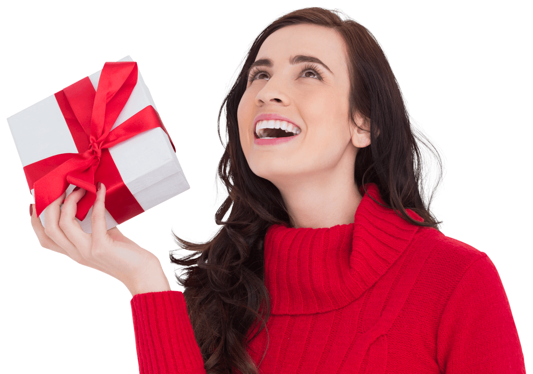 Excited Woman in Red Sweater Displaying Present on Transparent Background