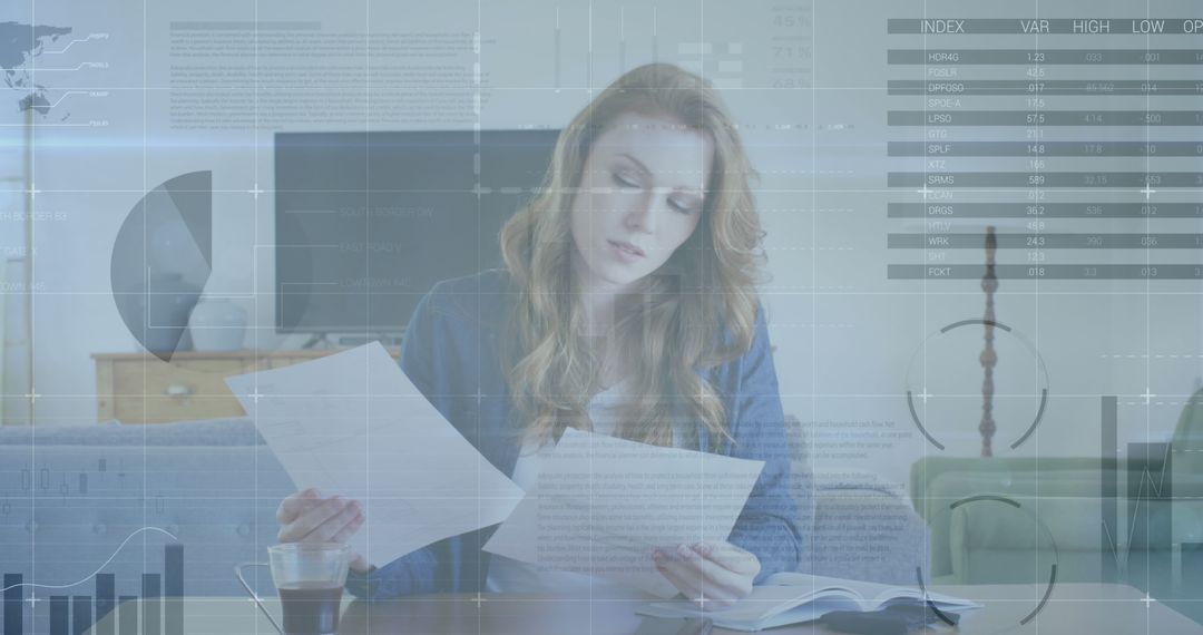 Woman Analyzing Financial Documents with Modern Technology Interface - Free Images, Stock Photos and Pictures on Pikwizard.com