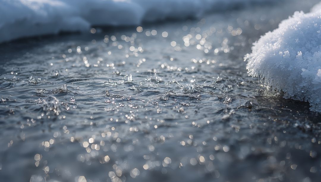 Shallow Meltwater Sparkling on Winter Stream Edge with Ice Crystals, Ripples and Bokeh