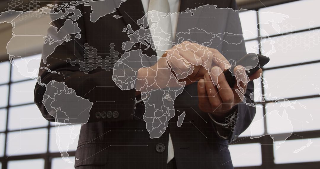 Global Technology Interface with Businessman Using Smartphone